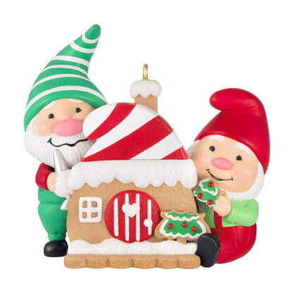 Gnome for Christmas, 6th in the Series — 2026 Hallmark Keepsake Christmas Ornament featuring two gnomes by their gingerbread house in vibrant colours.