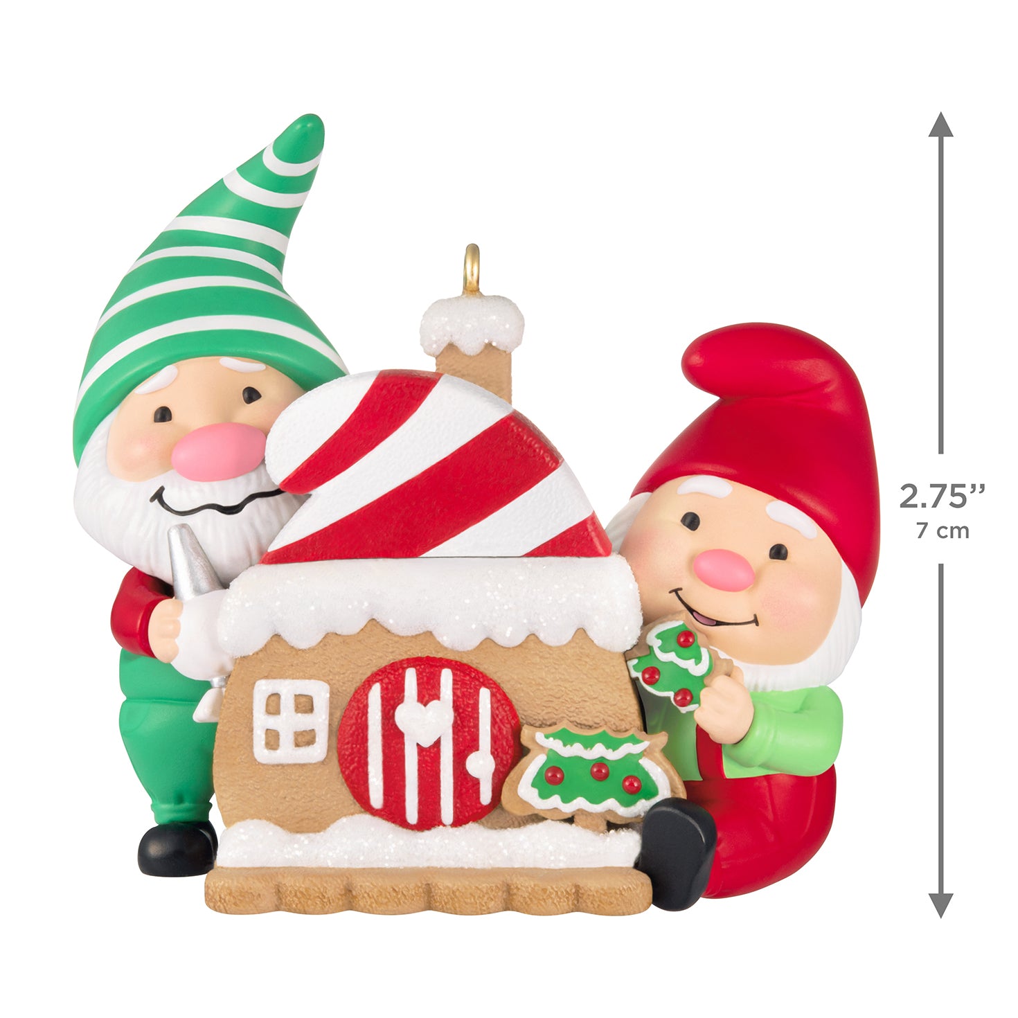 Gnome for Christmas, 6th in the Series — 2026 Hallmark Keepsake Christmas Ornament featuring gnome friends near a gingerbread house, flat lay
