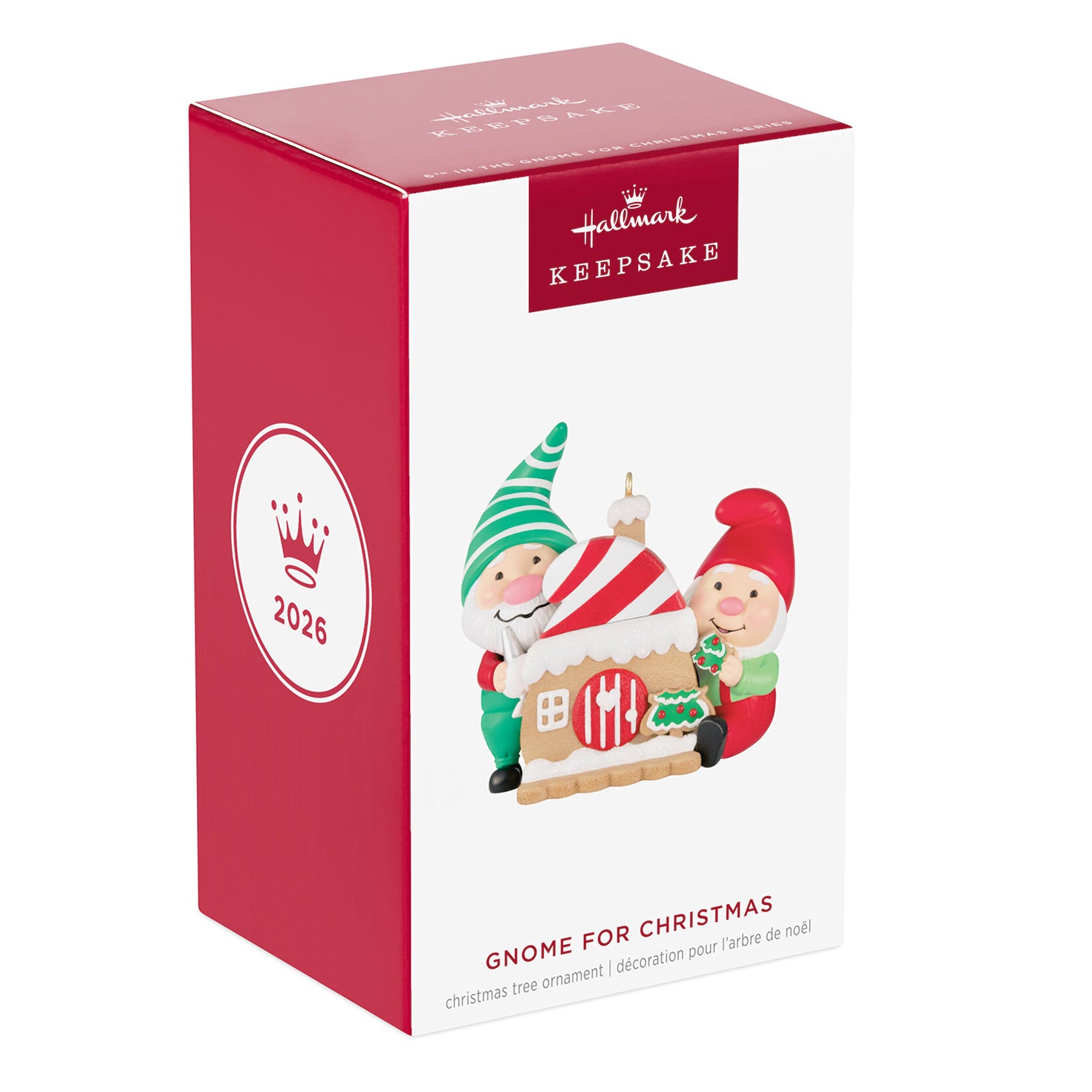 Gnome for Christmas, 6th in the Series — 2026 Hallmark Keepsake Christmas Ornament in gift box with festive design and shaped gnome figurines.