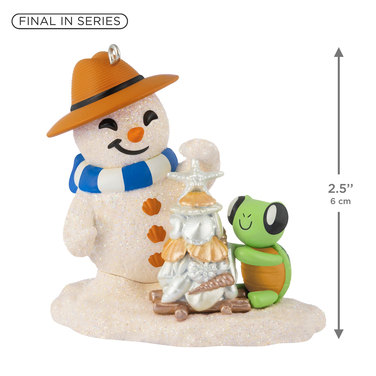 Sandal the Sandman, 5th in the Series — 2026 Hallmark Keepsake Christmas Ornament with glittery snowman and sea turtle, illustrated detail.