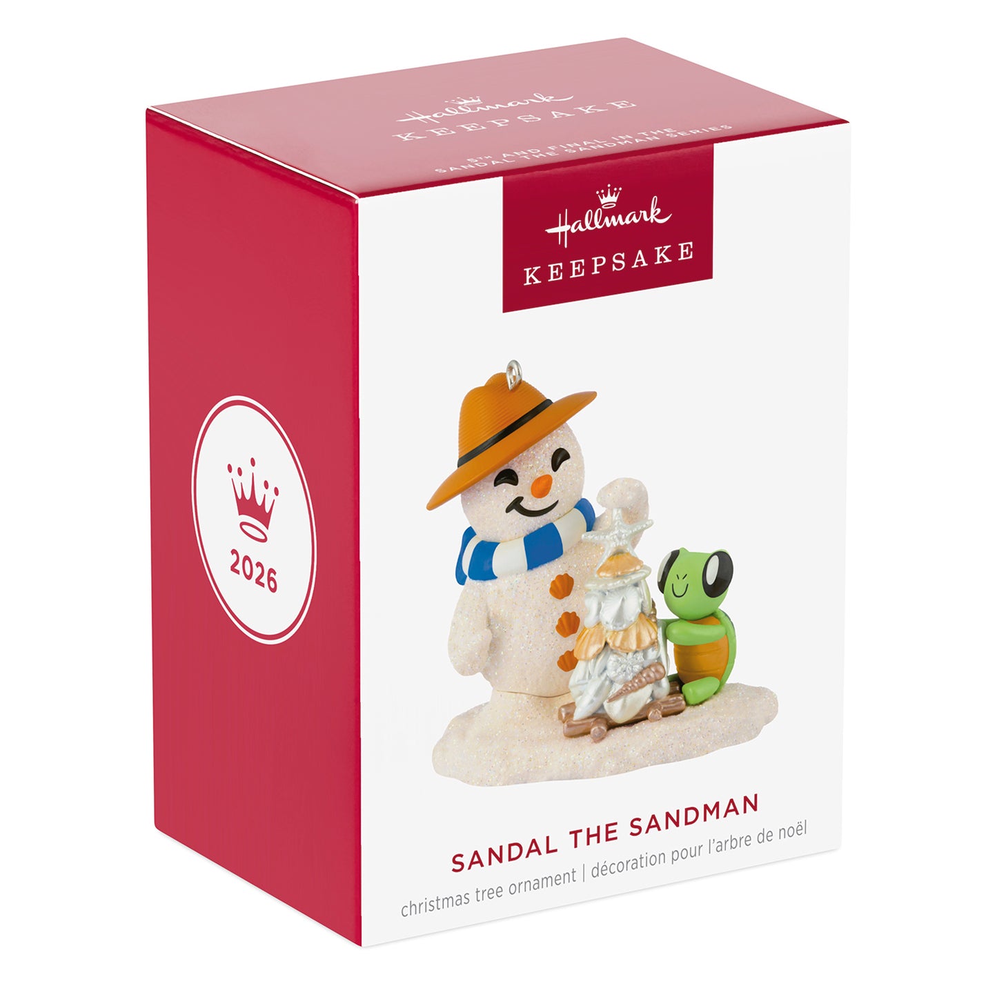 Sandal the Sandman, 5th in the Series — 2026 Hallmark Keepsake Christmas ornament in gift box packaging showing snowman and turtle.