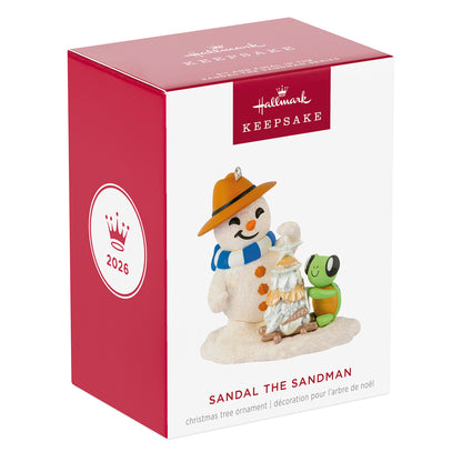 Sandal the Sandman, 5th in the Series — 2026 Hallmark Keepsake Christmas ornament in gift box packaging showing snowman and turtle.