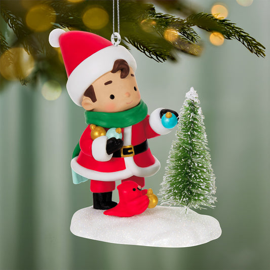 Young Santa, 5th in the Series — 2026 Hallmark Keepsake Christmas Ornament, adorable design with a bottlebrush tree and cardinal, close-up view.