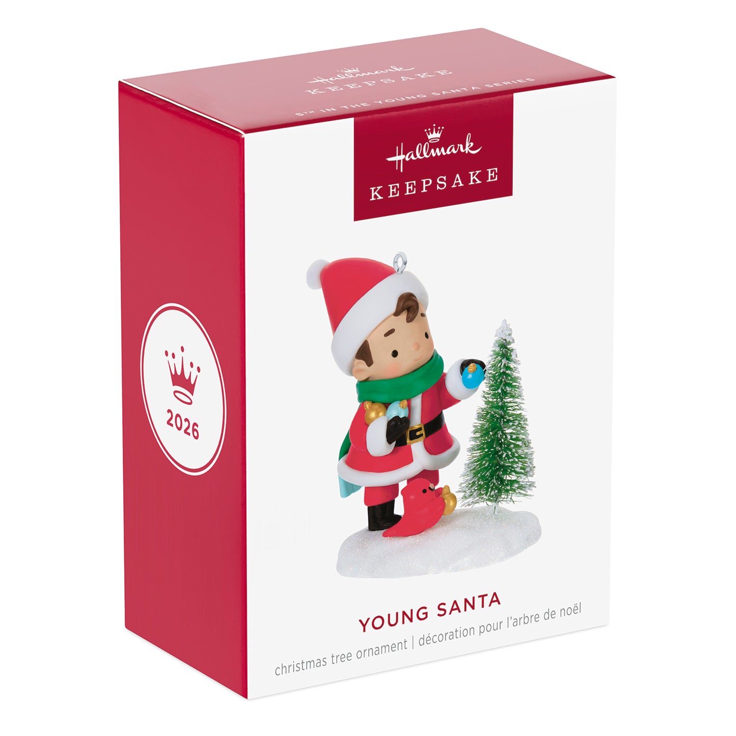 Young Santa, 5th in the Series — 2026 Hallmark Keepsake Christmas Ornament in packaging featuring a boy in a Santa hat holding an ornament.