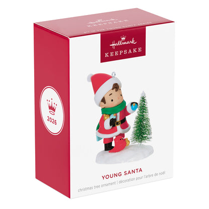Young Santa, 5th in the Series — 2026 Hallmark Keepsake Christmas Ornament in packaging featuring a boy in a Santa hat holding an ornament.