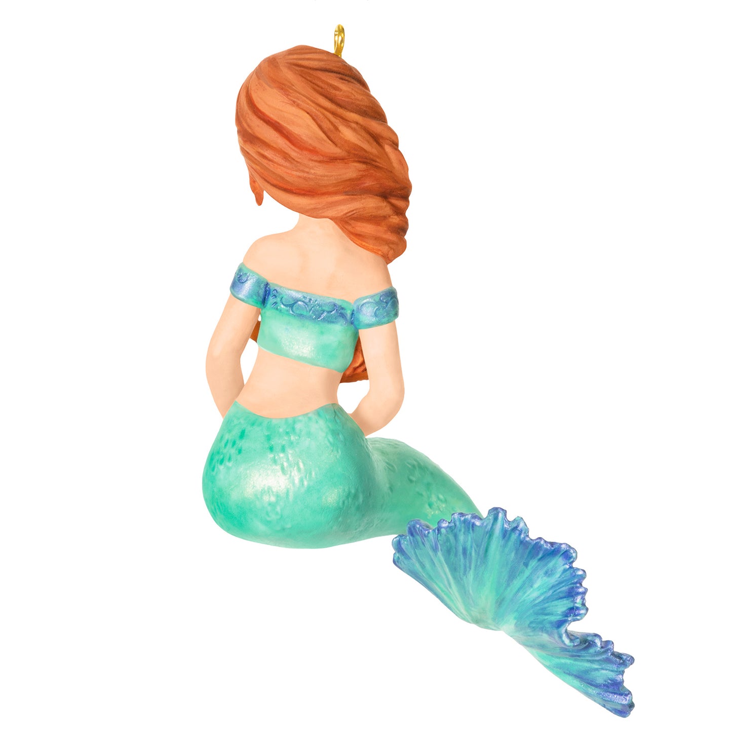 Mythical Mermaids, 4th in the Series — 2026 Hallmark Keepsake Christmas Ornament, rear view of mermaid with auburn hair and blue-green scales.