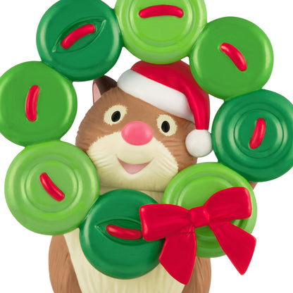 Cute as a Button, 4th in the Series — 2026 Hallmark Keepsake Christmas Ornament featuring a smiling hamster in a Santa hat holding a button wreath.