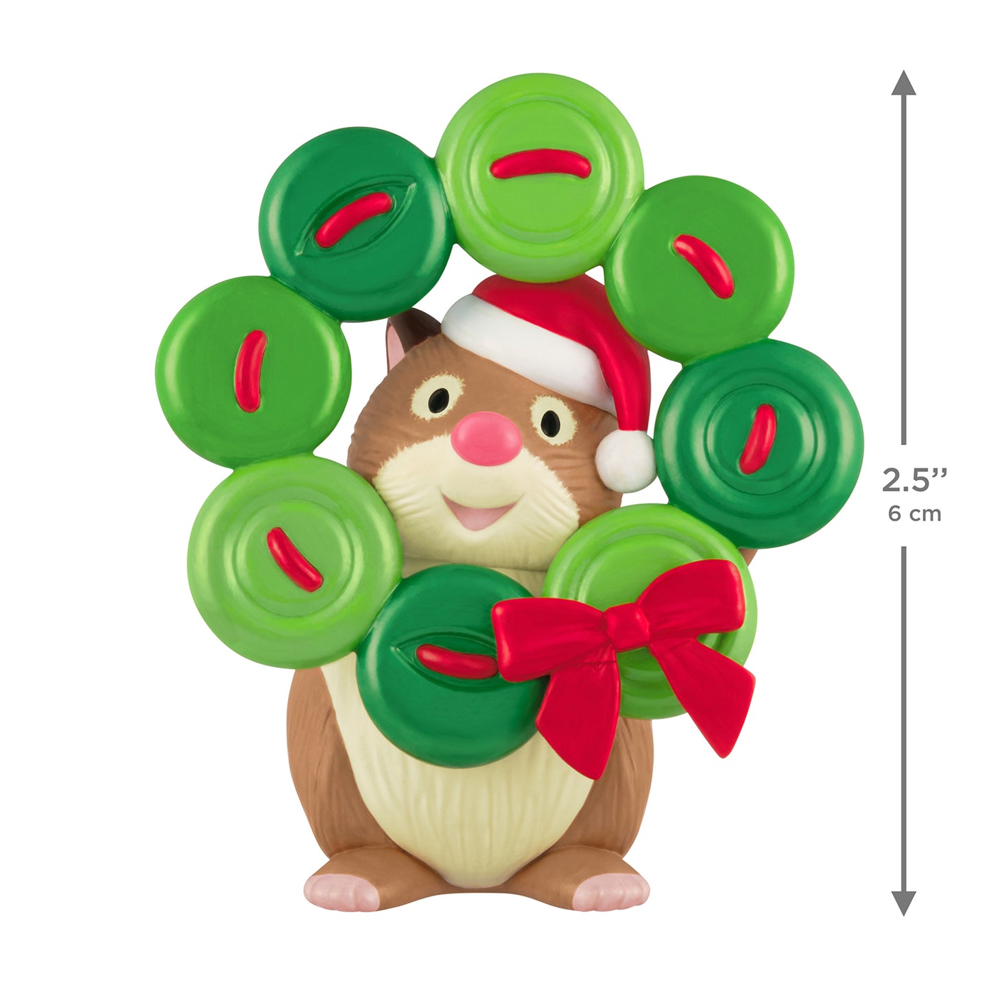 Cute as a Button, 4th in the Series — 2026 Hallmark Keepsake Christmas Ornament, cheerful hamster with green button wreath, close up view
