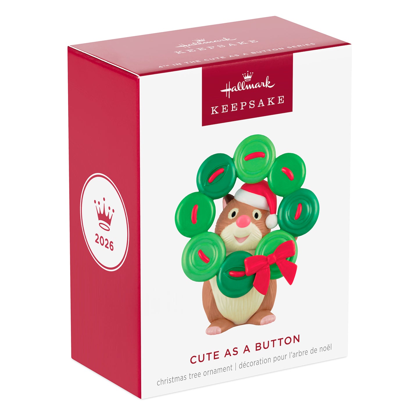 Cute as a Button, 4th in the Series — 2026 Hallmark Keepsake Christmas Ornament in festive packaging with a cheerful hamster and button wreath.