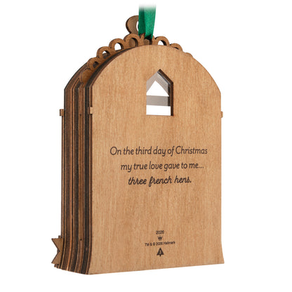 Twelve Days of Christmas French Hens, papercraft ornament, laser-cut wooden design, featuring engraved holiday verse.