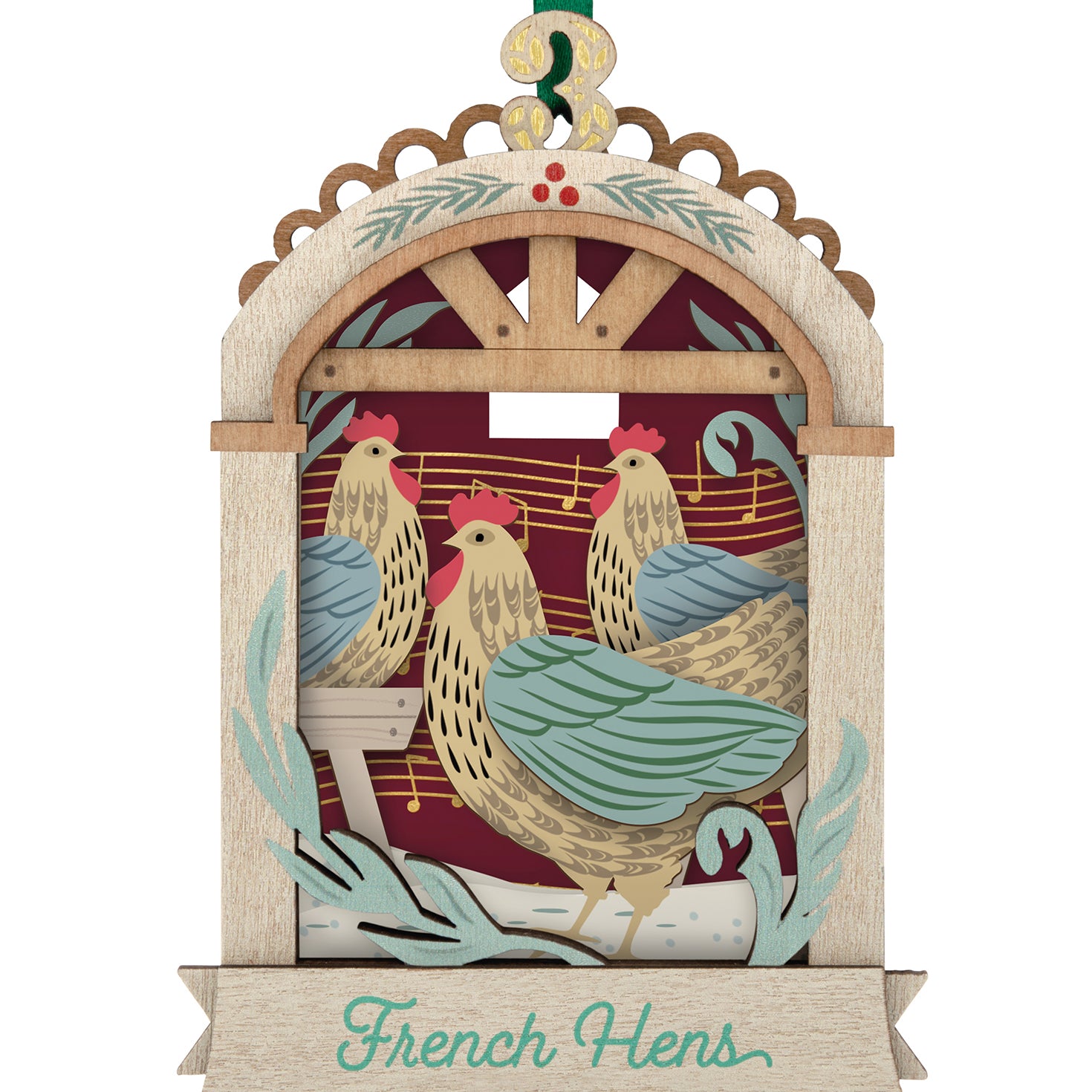 Twelve Days of Christmas French Hens, Papercraft, 3rd in the Series — 2026 Hallmark Keepsake Christmas Ornament, close up with vibrant colours.