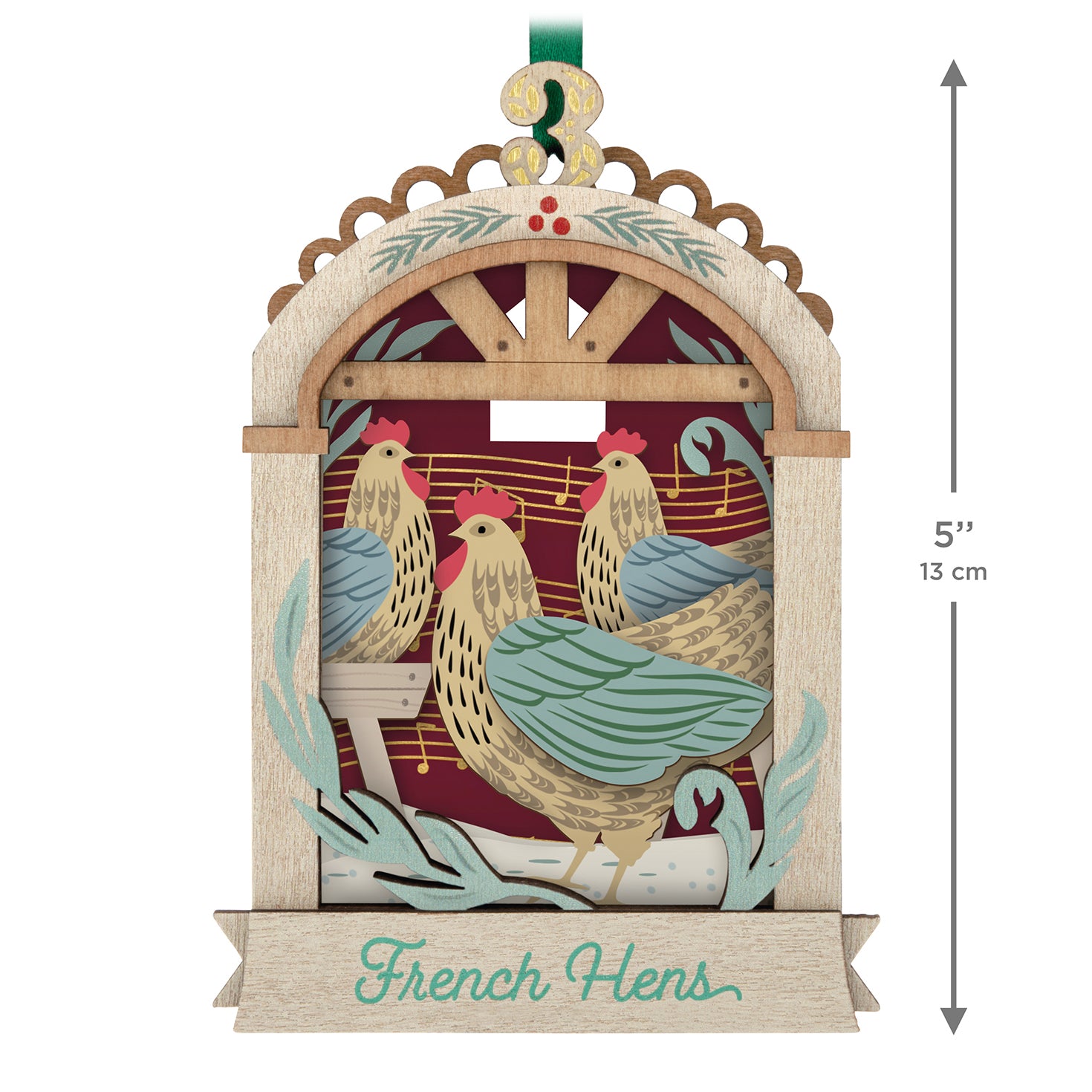 Twelve Days of Christmas French Hens, papercraft ornament, intricately designed with musical notes, front view.
