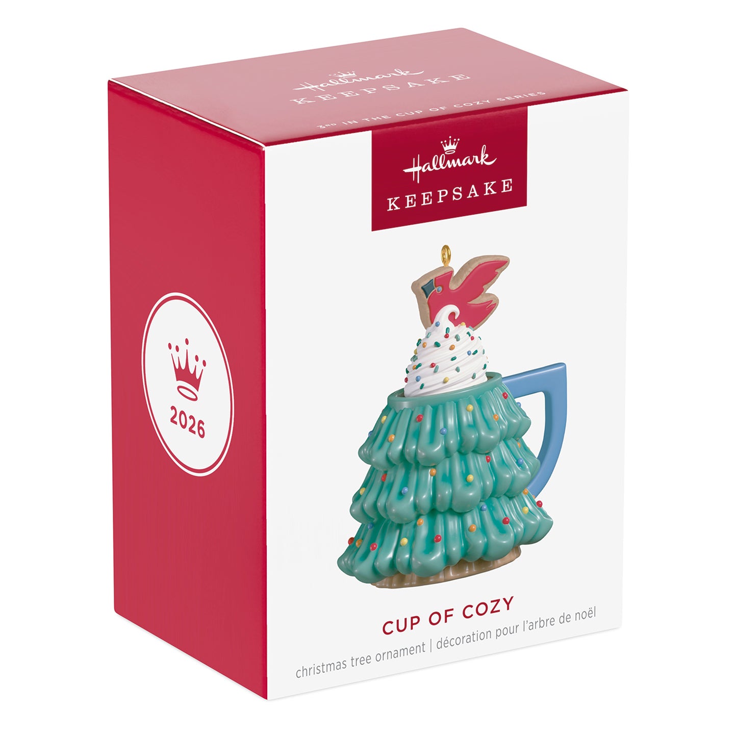 Cup of Cozy, porcelain, 3rd in the Series — 2026 Hallmark Keepsake Christmas Ornament in festive packaging, angled view.