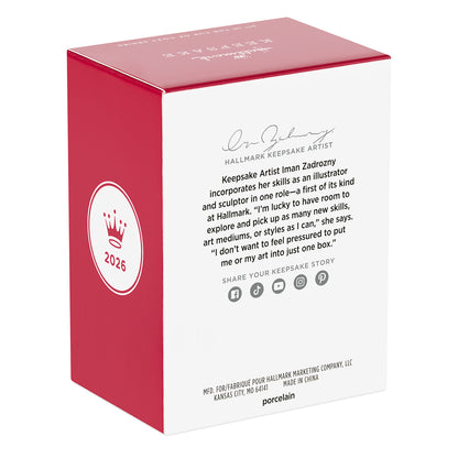 Cup of Cozy, Porcelain, 3rd in the Series — 2026 Hallmark Keepsake Christmas Ornament, red packaging with artist details, back view.