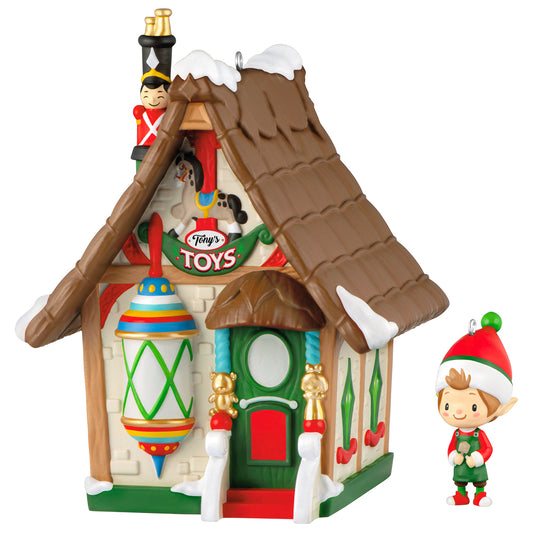 Welcome to Elfville Tony's Toys, Set of 2, 2nd in the Series — 2026 Hallmark Keepsake Christmas Ornaments, detailed view of the toy shop with an elf.