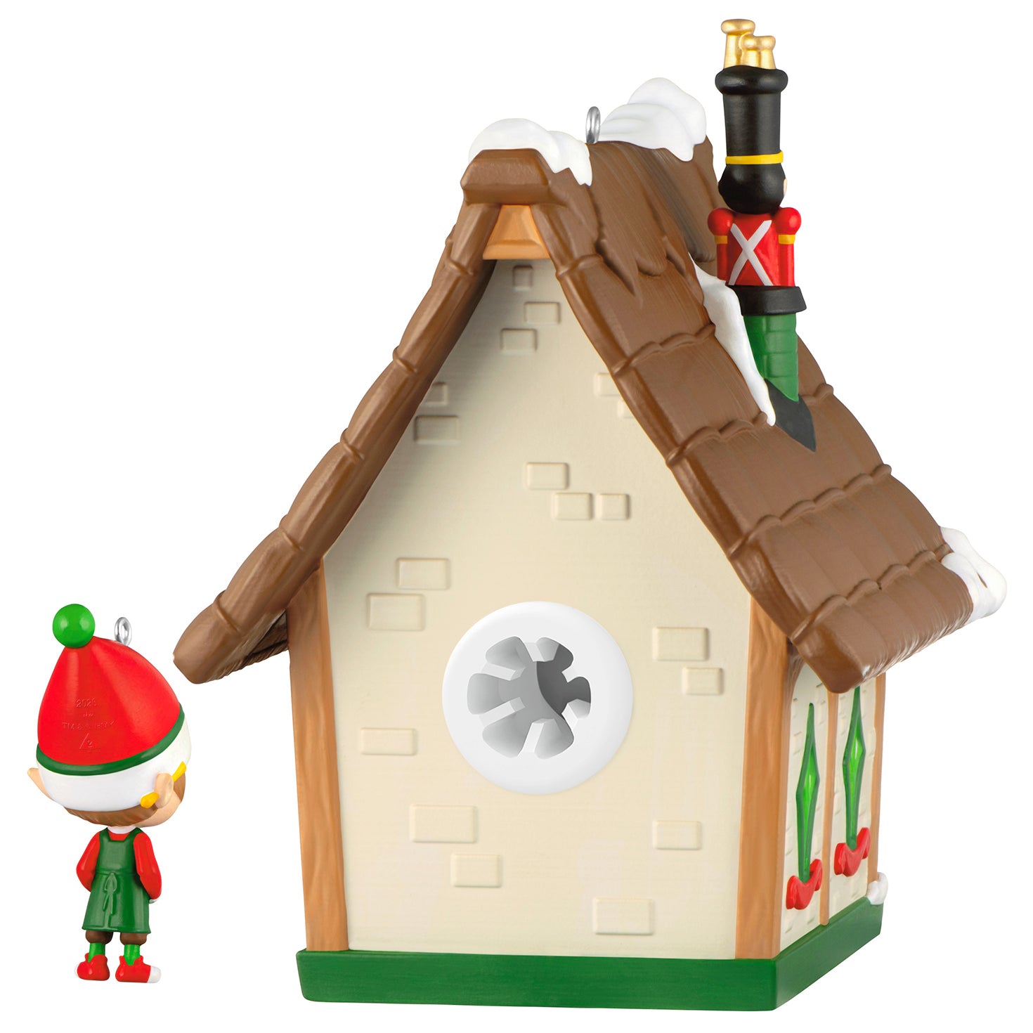 Welcome to Elfville Tony's Toys, Set of 2, 2nd in the Series — 2026 Hallmark Keepsake Christmas Ornaments with a detailed elf figurine and toy soldier chimney.