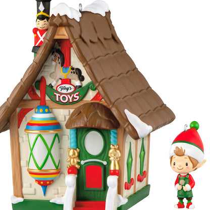 Welcome to Elfville Tony's Toys, Set of 2, 2nd in the Series — 2026 Hallmark Keepsake Christmas Ornaments, detailed view of toy shop and elf figurine