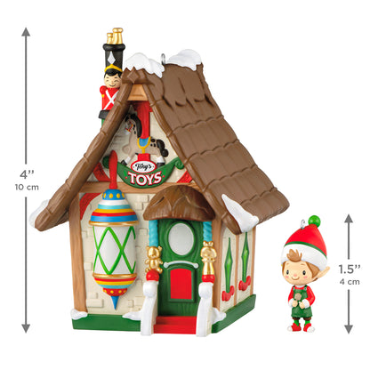 Welcome to Elfville Tony's Toys, Set of 2, 2nd in the Series — 2026 Hallmark Keepsake Christmas Ornaments featuring a toy shop and elf figurine in a festive design.