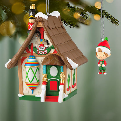 Welcome to Elfville Tony's Toys, Set of 2, 2nd in the Series — 2026 Hallmark Keepsake Christmas Ornaments with toy store and elf, close up view.