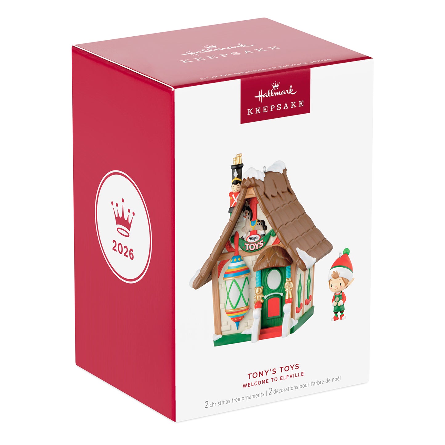 Welcome to Elfville Tony's Toys, Set of 2, 2nd in the Series — 2026 Hallmark Keepsake Christmas Ornaments in decorative box with elf figure.