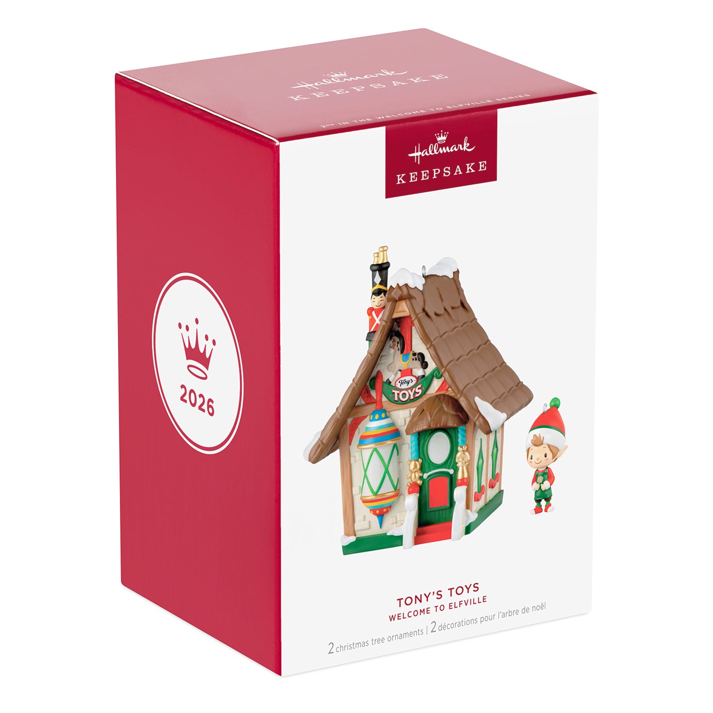 Welcome to Elfville Tony's Toys, Set of 2, 2nd in the Series — 2026 Hallmark Keepsake Christmas Ornaments in decorative box with elf figure.