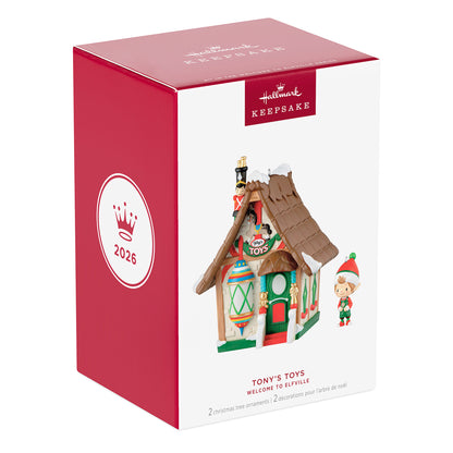 Welcome to Elfville Tony's Toys, Set of 2, 2nd in the Series — 2026 Hallmark Keepsake Christmas Ornaments in decorative box with elf figure.