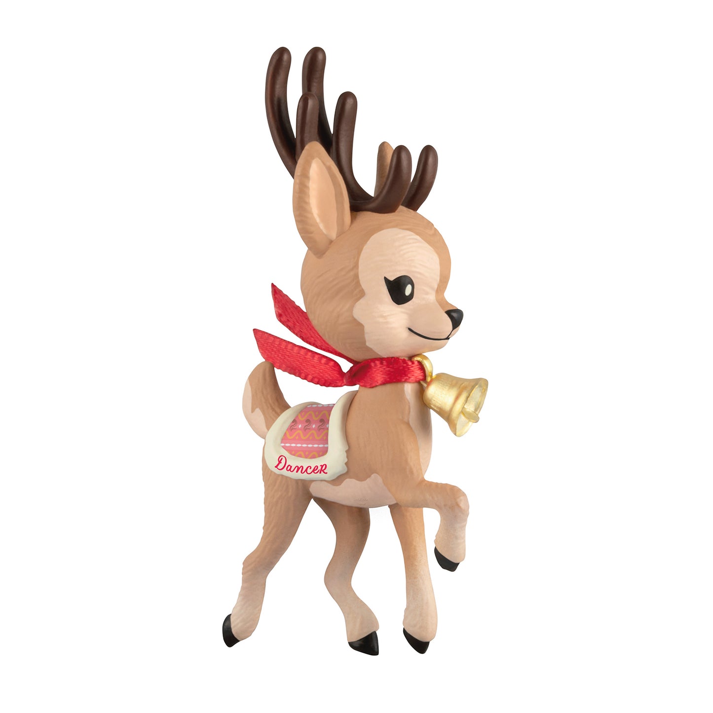 Eight Tiny Reindeer Dancer, 2nd in the Series — 2026 Hallmark Keepsake Christmas Ornament, side view with pink blanket and red ribbon.