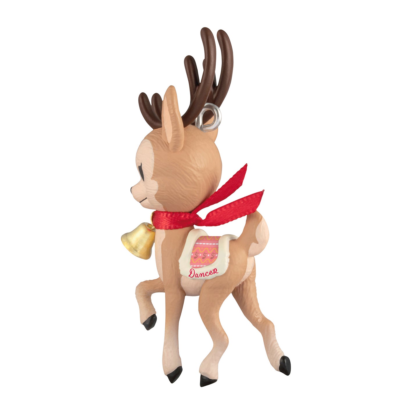 Eight Tiny Reindeer Dancer, 2nd in the Series — 2026 Hallmark Keepsake Christmas Ornament, angled view, pink blanket, red ribbon, gold bell.