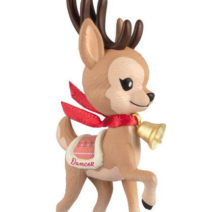 Eight Tiny Reindeer Dancer, 2nd in the Series — 2026 Hallmark Keepsake Christmas Ornament, side view, pink blanket, red ribbon, gold bell