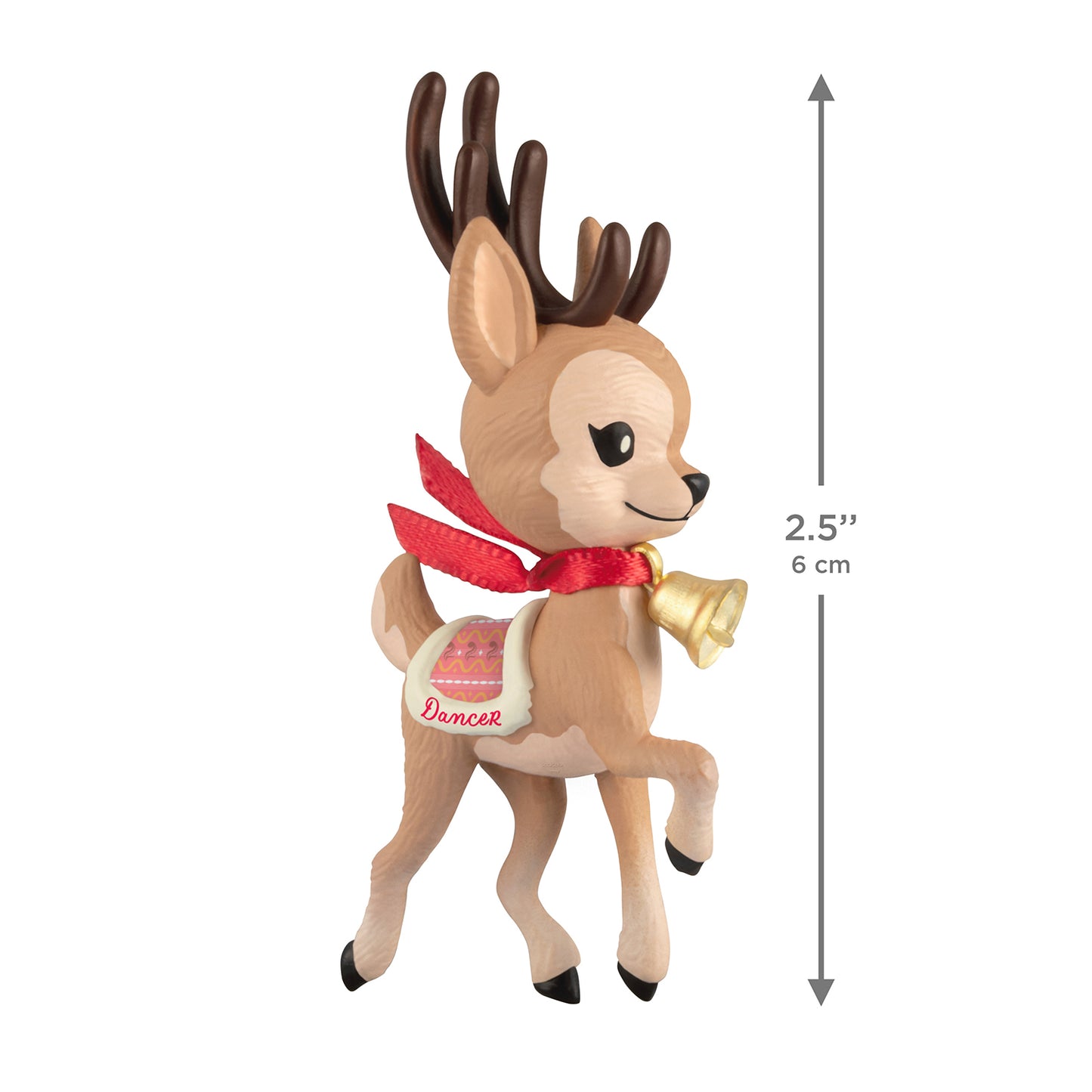 Eight Tiny Reindeer Dancer, 2nd in the Series — 2026 Hallmark Keepsake Christmas Ornament featuring Dancer in pink blanket with a red ribbon and gold bell, angled view.