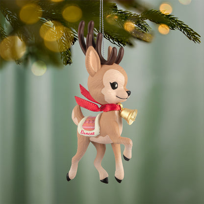 Eight Tiny Reindeer Dancer, 2nd in the Series — 2026 Hallmark Keepsake Christmas Ornament, featuring pink blanket and gold bell, hanging on Christmas tree.