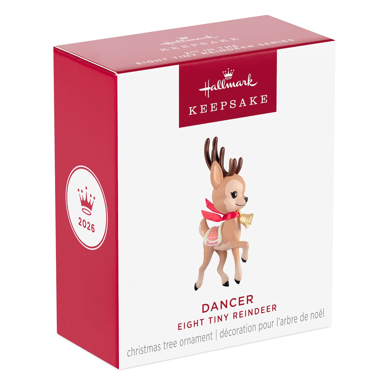 Eight Tiny Reindeer Dancer, 2nd in the Series — 2026 Hallmark Keepsake Christmas Ornament packaging box with vibrant red accents.