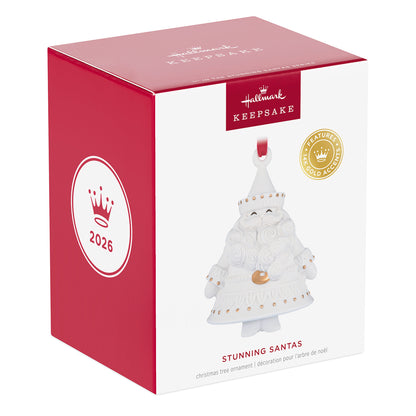 Stunning Santas, Porcelain, 1st in the Series — 2026 Hallmark Keepsake Christmas Ornament gift box with gold accents.