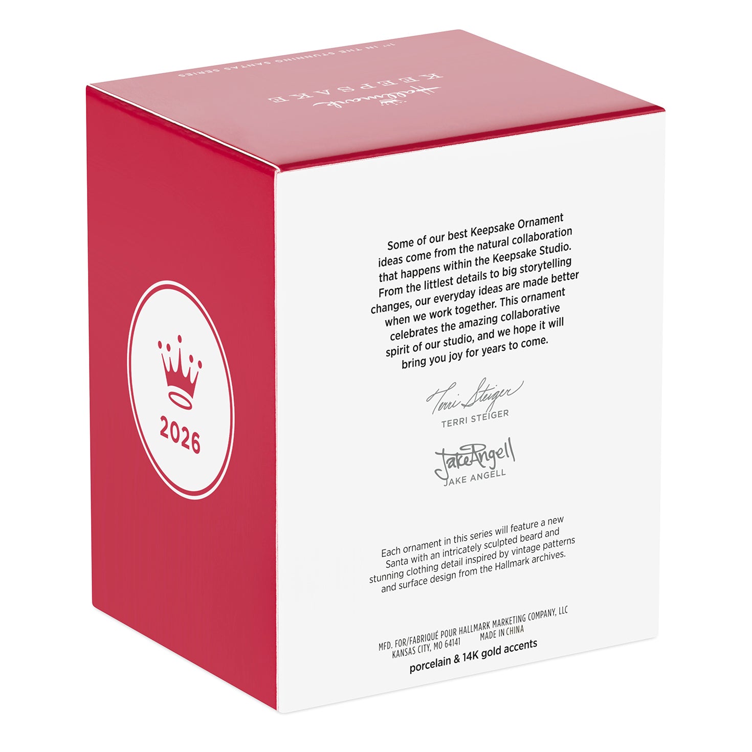 Stunning Santas, Porcelain, 1st in the Series — 2026 Hallmark Keepsake Christmas Ornament box design with detailed information.