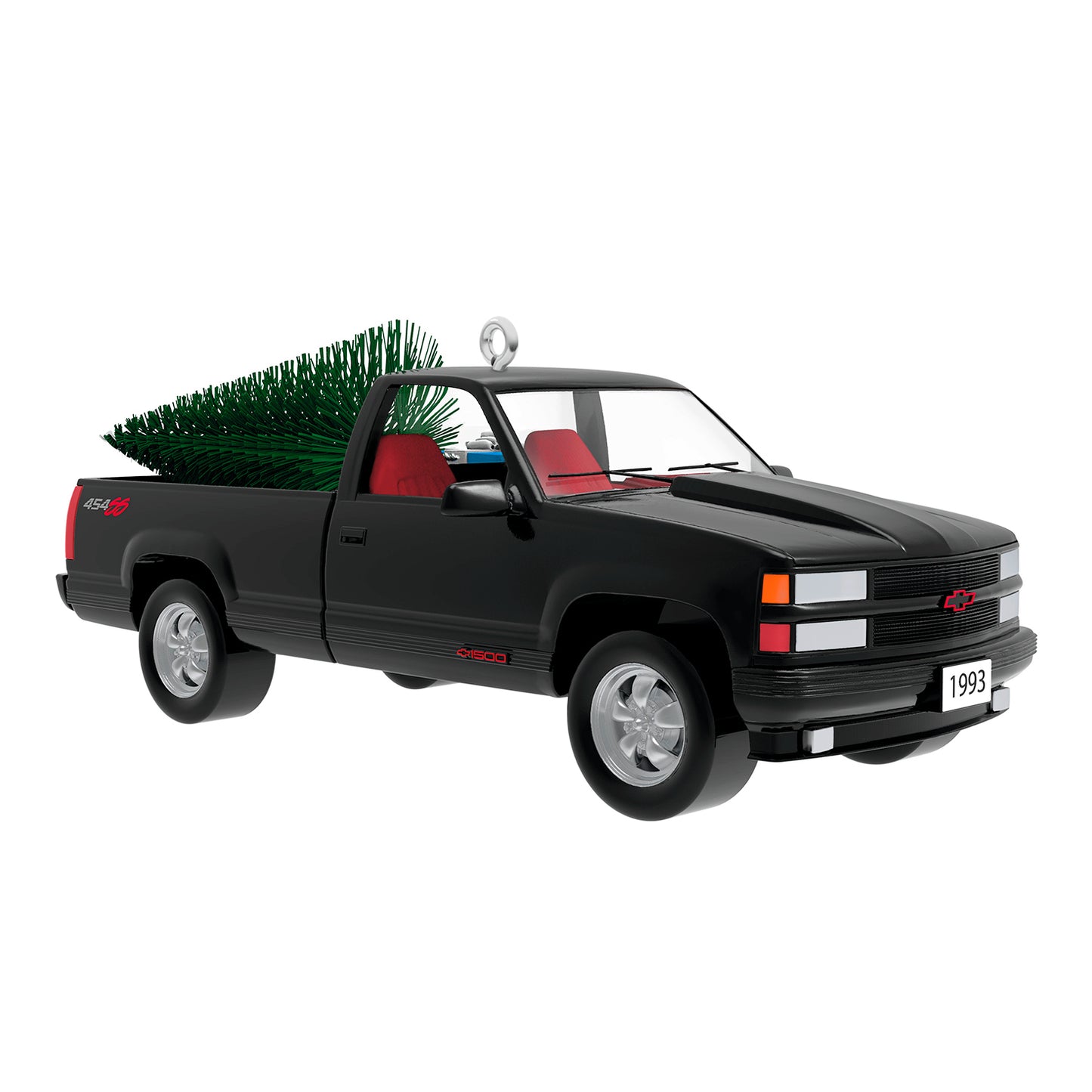 All-American Trucks 1993 Chevrolet® 454 SS 2026, metal, classic black with red interior, detailed view with Christmas tree attachment
