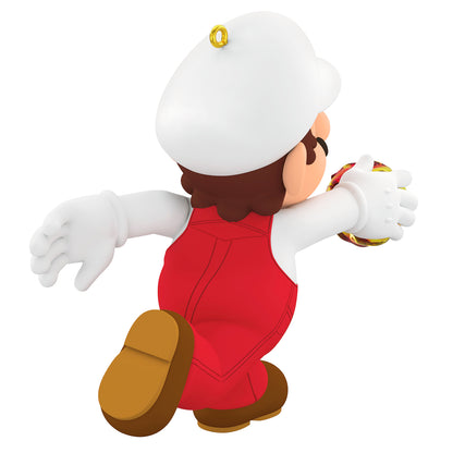 Nintendo Powered Up With Mario Fire Mario, 5th in the Series — 2026 Hallmark Keepsake Christmas Ornament, back view with fireball, red overalls and white hat.