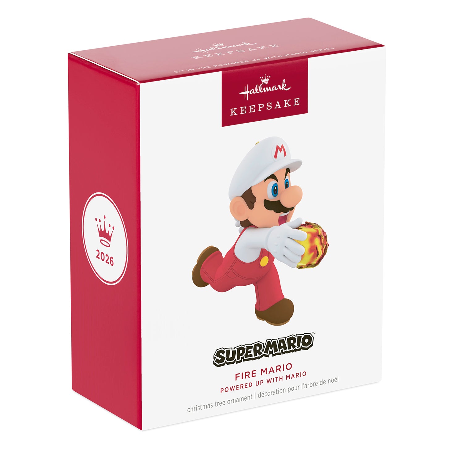 Nintendo Powered Up With Mario Fire Mario, 5th in the Series — 2026 Hallmark Keepsake Christmas Ornament packaging box design with colourful graphics.
