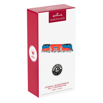Lionel Trains Conrail Bicentennial GG1 Locomotive, Metal, 31st in the Series — 2026 Hallmark Keepsake Christmas Ornament, packaging view.