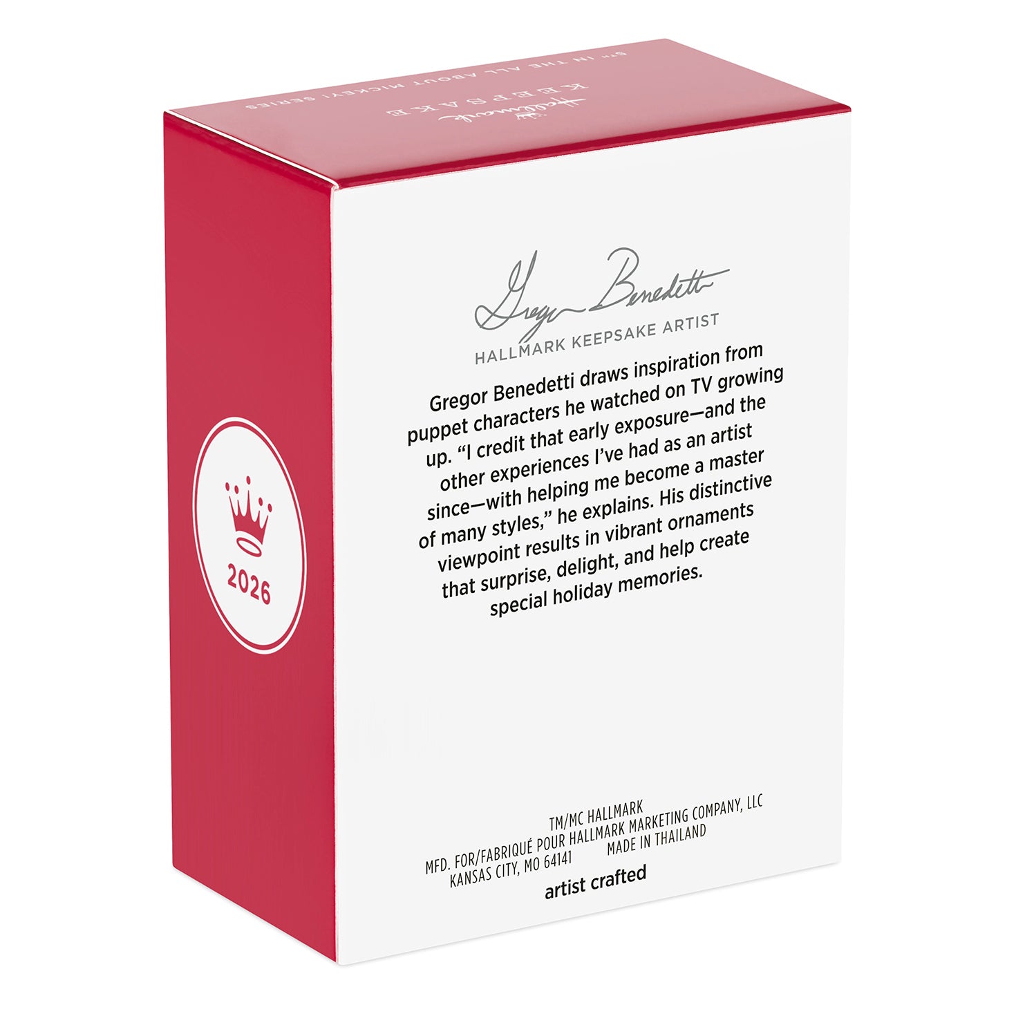 Disney All About Mickey! Astronaut Mickey, 5th in the Series — 2026 Hallmark Keepsake Christmas Ornament box packaging with artist details.
