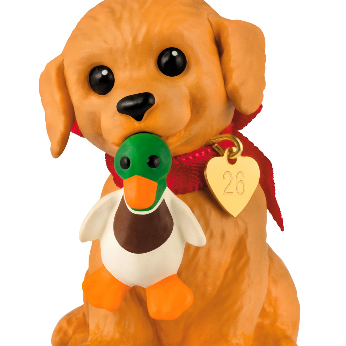 Puppy Love Golden Retriever 2026, 36th in the Series — 2026 Hallmark Keepsake Christmas Ornament with a duck, detailed design, close up view.