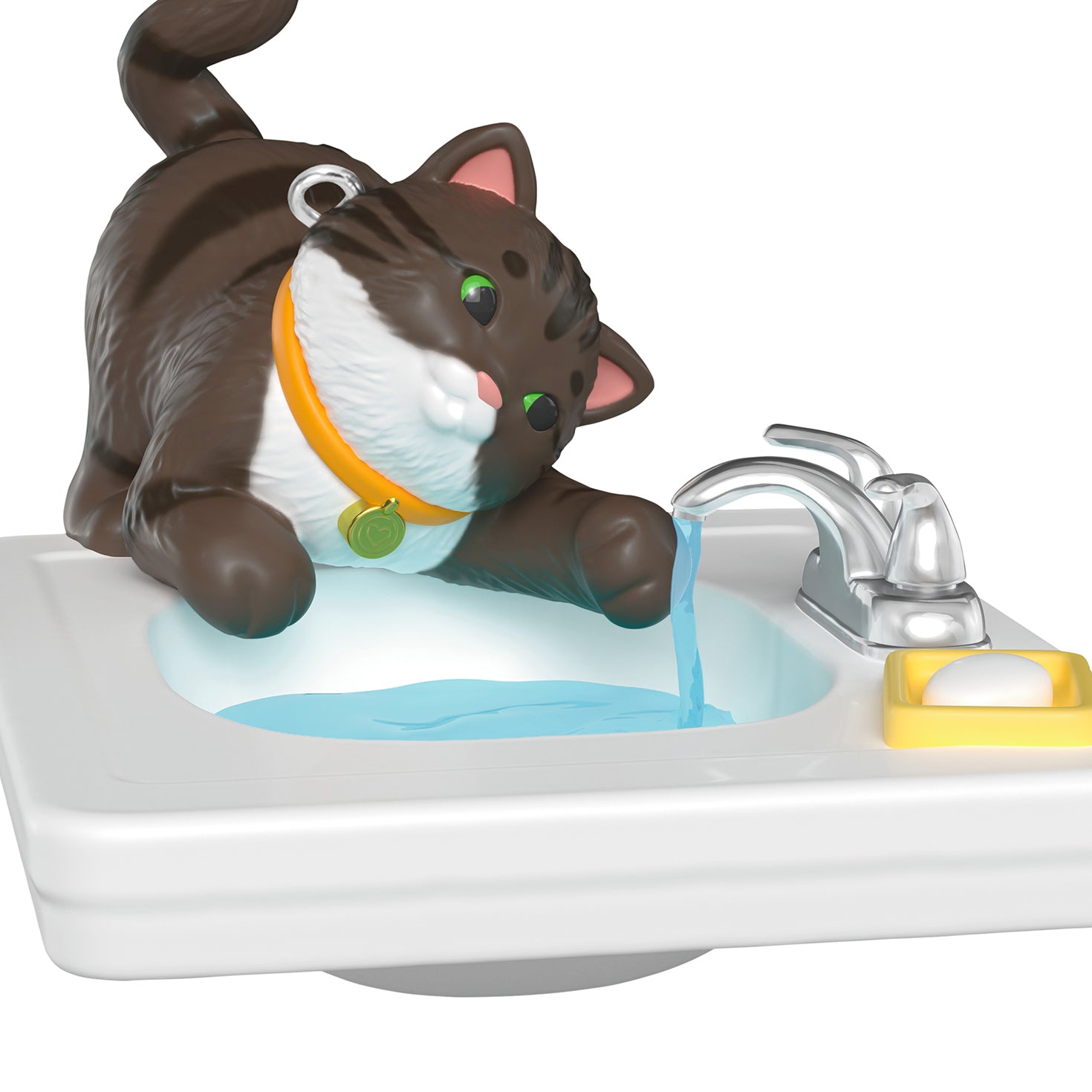 Mischievous Kittens, 28th in the Series — 2026 Hallmark Keepsake Christmas Ornament, playful brown and black kitten near running water in sink.