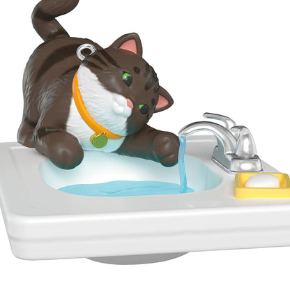 Mischievous Kittens, 28th in the Series — 2026 Hallmark Keepsake Christmas Ornament, playful brown and black kitten near running water in sink.