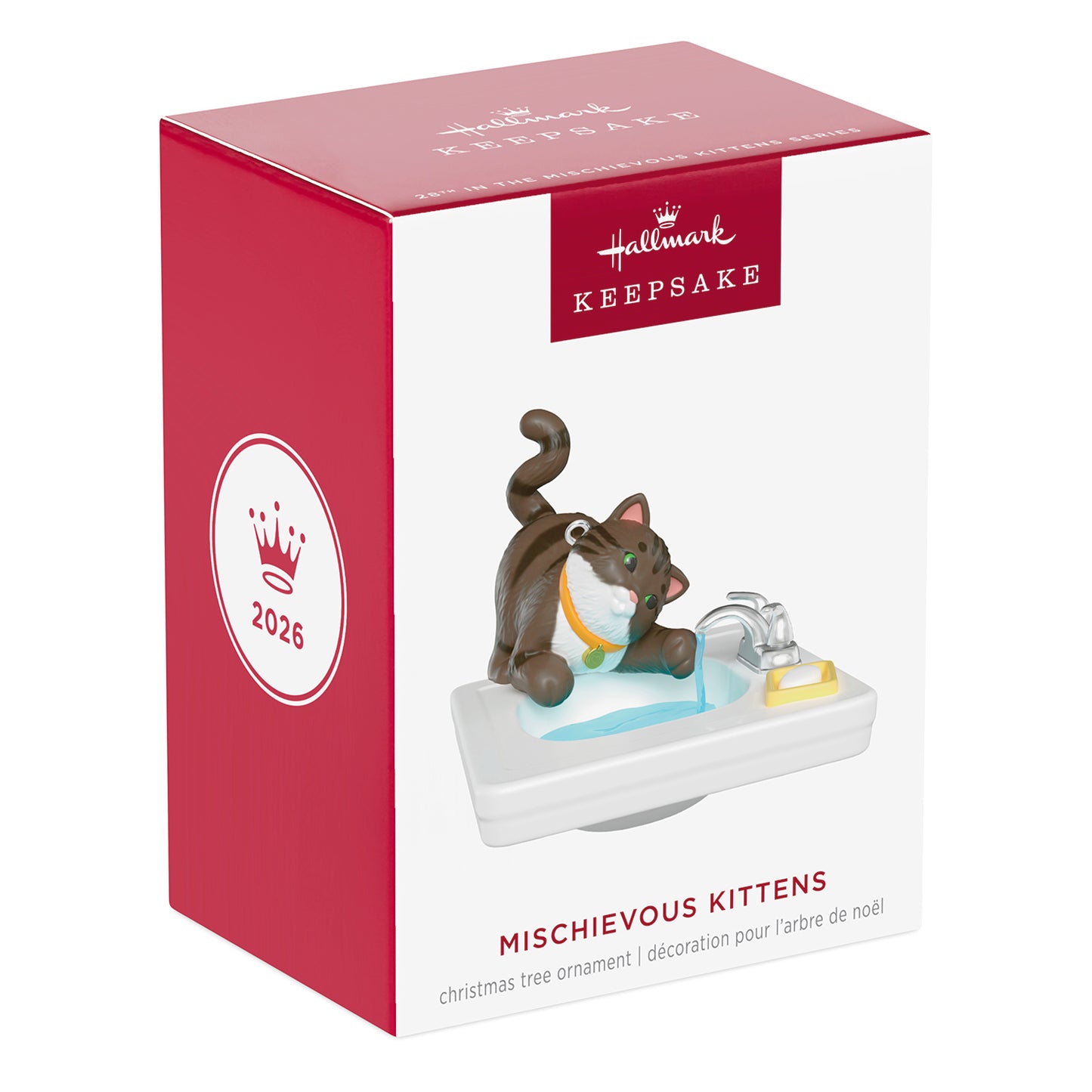 Mischievous Kittens, 28th in the Series — 2026 Hallmark Keepsake Christmas Ornament box packaging featuring playful brown tiger-striped kitten.