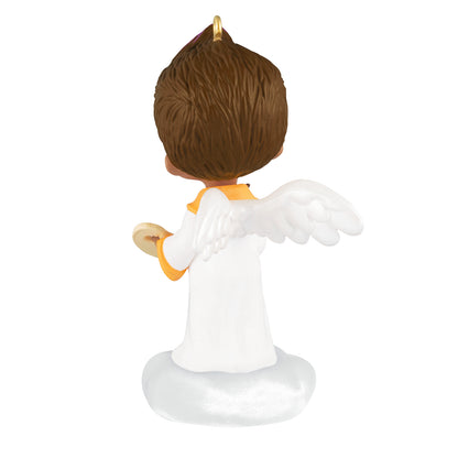 Mary's Angels Lupine, 39th in the Series — 2026 Hallmark Keepsake Christmas Ornament, back view, featuring a child angel with brown hair and wings on a cloud