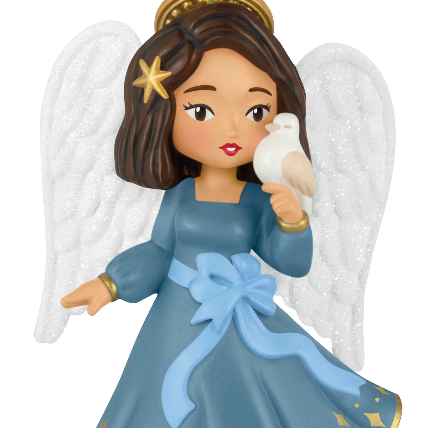 Heirloom Angels, 11th in the Series — 2026 Hallmark Keepsake Christmas Ornament featuring a brunette angel in a blue dress with glittery wings holding a dove.