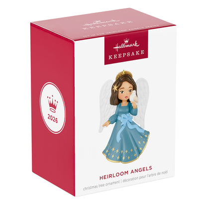 Heirloom Angels, 11th in the Series — 2026 Hallmark Keepsake Christmas Ornament, boxed ornament featuring a brunette angel in a blue dress.