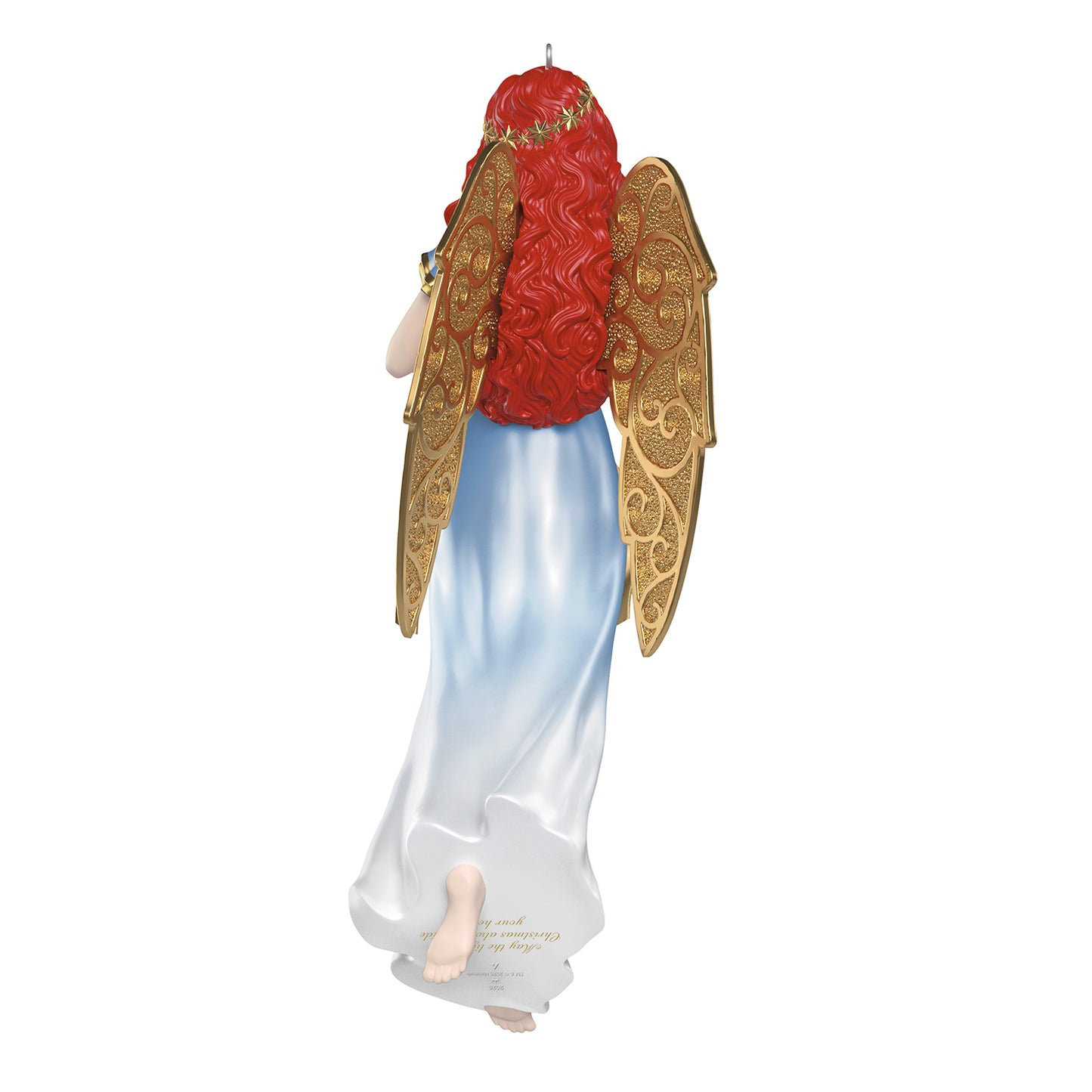 Christmas Angels Guidance, 9th in the Series — 2026 Hallmark Keepsake Christmas Ornament with ornate gold wings and red hair, back view.