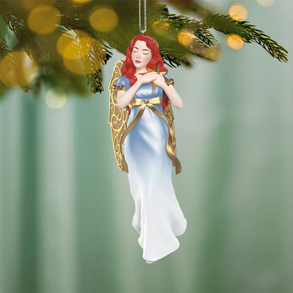 Christmas Angels Guidance, 9th in the Series — 2026 Hallmark Keepsake Christmas Ornament, pale blue dress, detailed gold wings, hanging from a tree