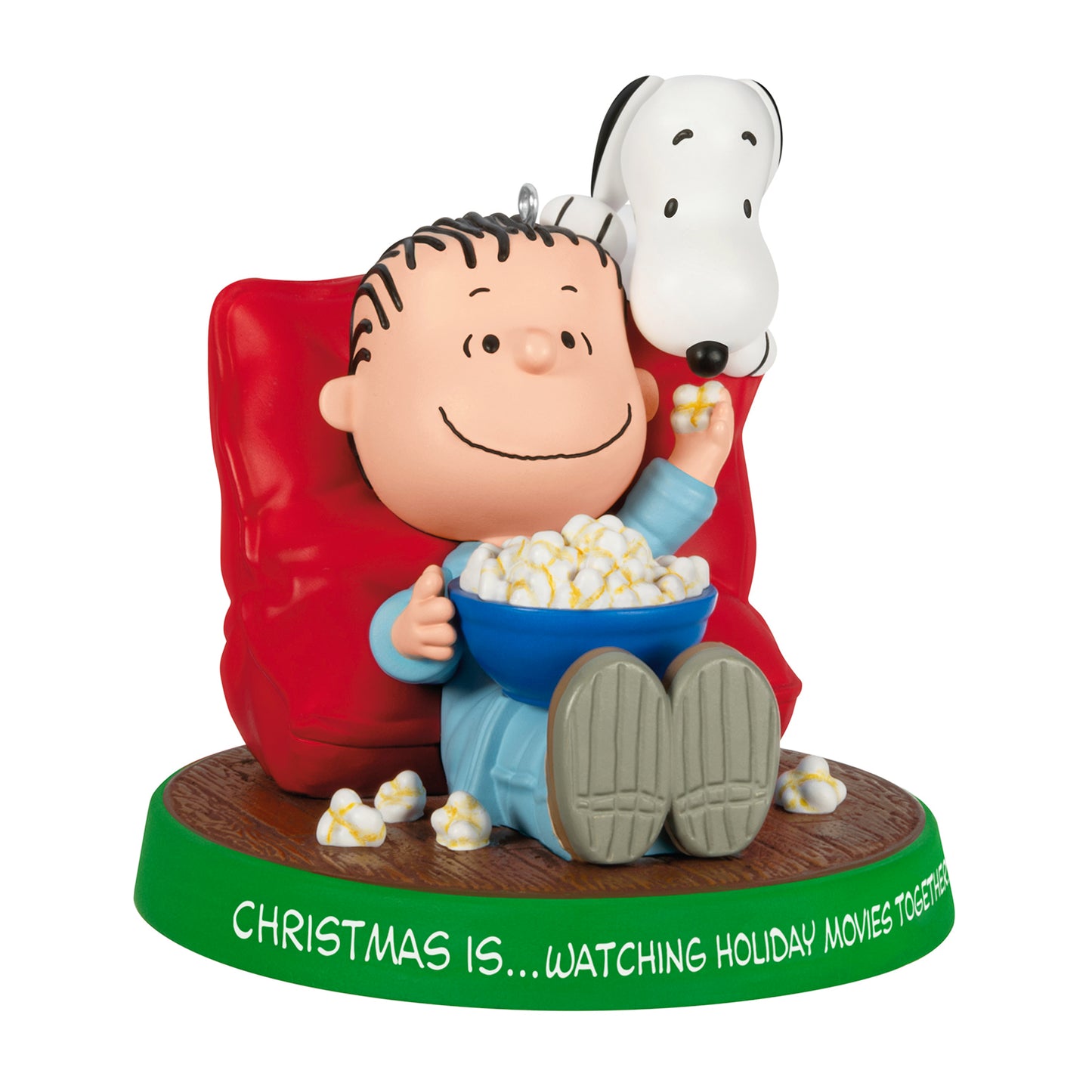 The Peanuts® Gang Christmas Is...Watching Holiday Movies Together, 3rd in the Series — 2026 Hallmark Keepsake Christmas Ornament featuring Linus and Snoopy sharing popcorn.