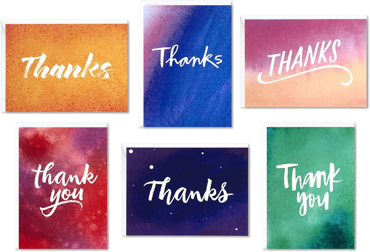 Hallmark Thank You Cards Assortment, Watercolor Thanks featuring six colourful designs in varying watercolour styles.